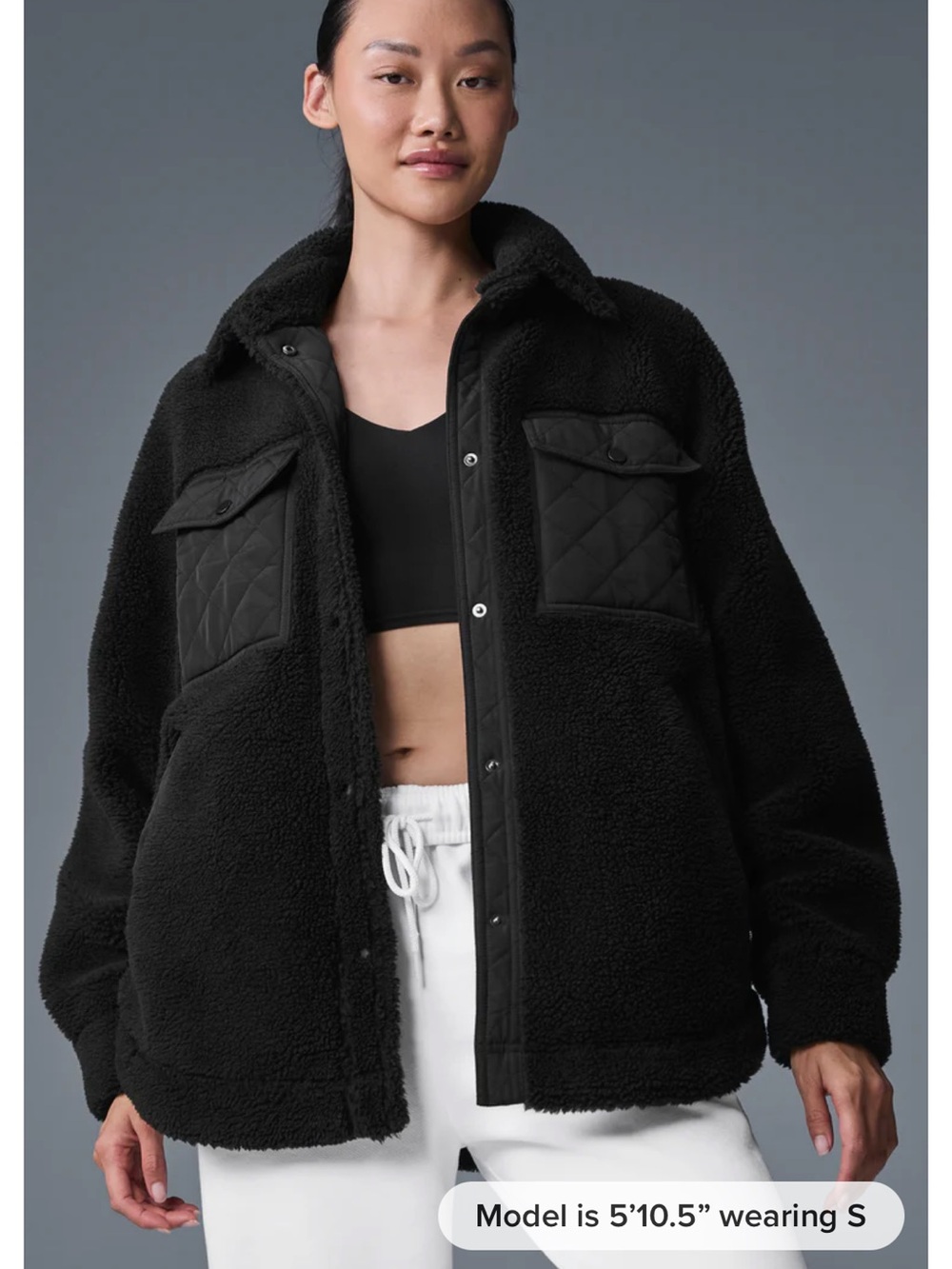 ALO Yoga Black Sherpa Teddy Jacket with Quilted Chest Pockets